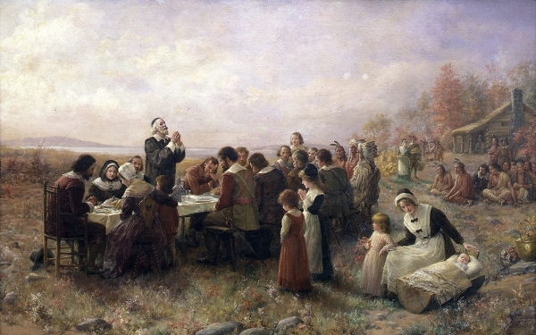 The First Thanksgiving at Plymouth (oil on canvas, 1914), by Jennie Augusta Brownscombe (1850–1936)